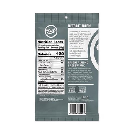 Kars Fresh Harvest Trail Mix, Raisin Almond Cashew, 4.5 Oz Bag, 12/box 08444